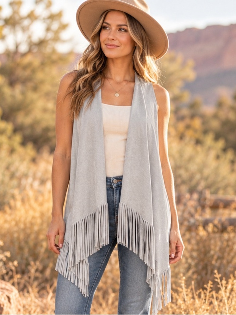 INC Petite XS Gray Faux Suede Fringe Vest Western Boho Cowgirl Festival